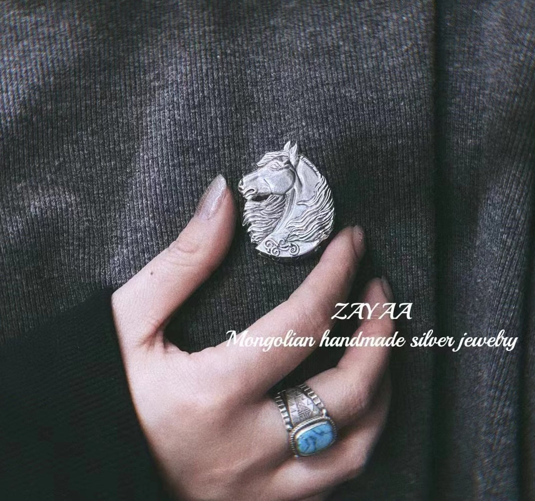 Mongolia Jewelry - White Horse Brooch(Zayaa Handmade Sterling Silver)