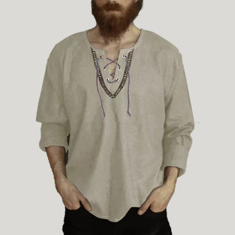 Mongolian Clothing -Cotton Linen Drawstring Shirt