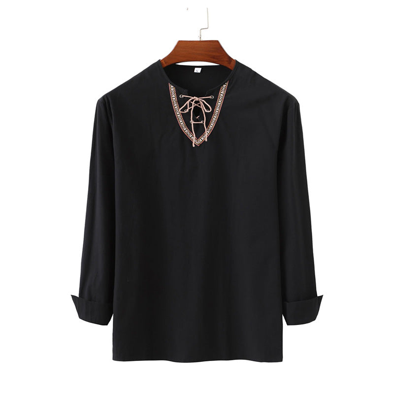 Mongolian Clothing -Cotton Linen Drawstring Shirt