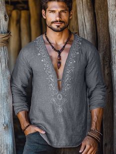Mongolian Clothing-Men's Summer Lightweight Breathable Long Sleeve V-Neck Shirt