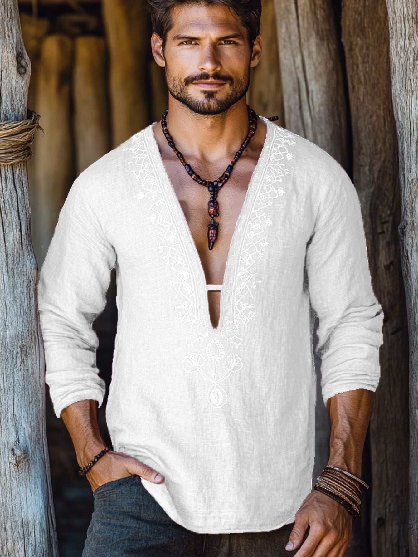 Mongolian Clothing-Men's Summer Lightweight Breathable Long Sleeve V-Neck Shirt
