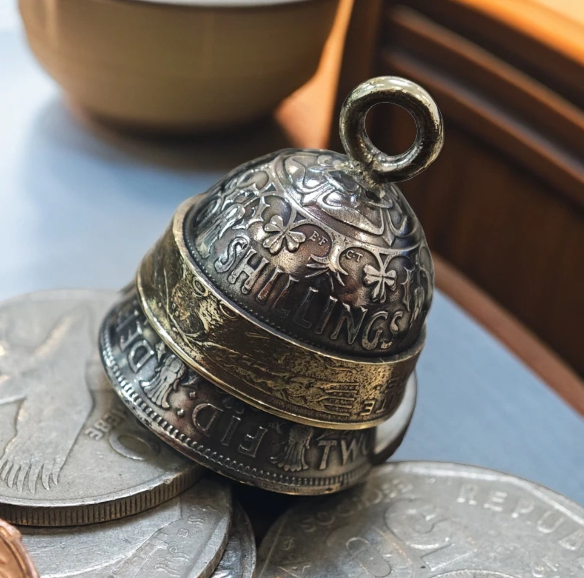 Mongolian Pendant - Vintage British Coin Bell ,Pendant, Charm or Keychain
