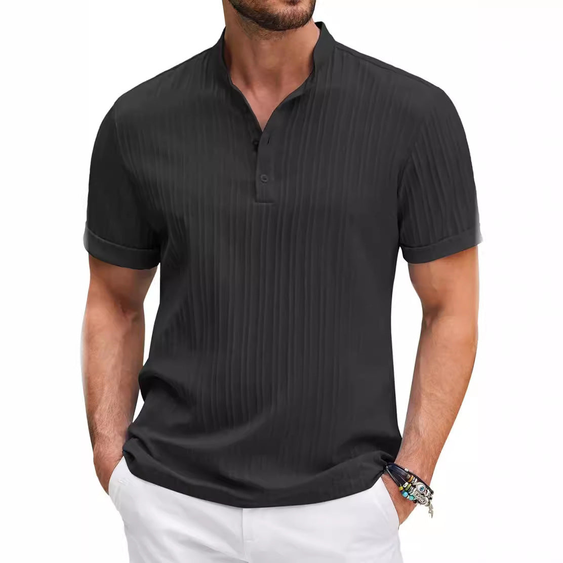 Mongolian Clothing -Cotton-Linen Striped Henley Shirt