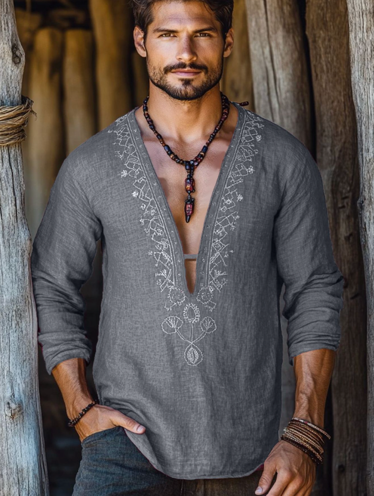 Mongolian Clothing-Men's Summer Lightweight Breathable Long Sleeve V-Neck Shirt