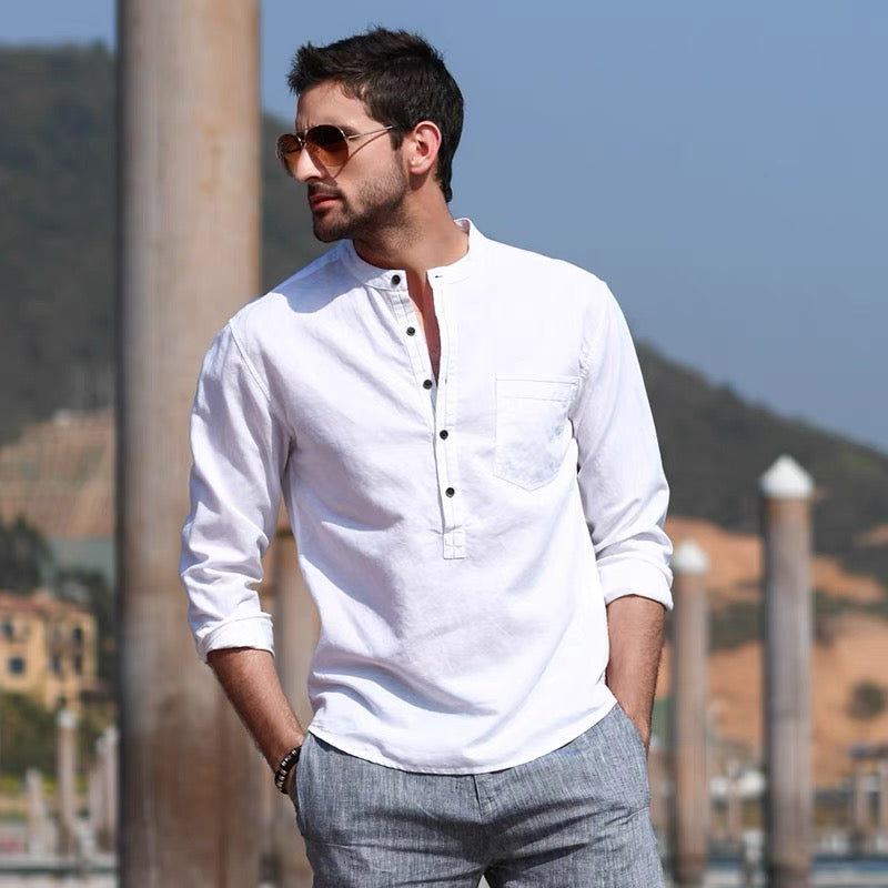 Mongolian Clothing- Stand Collar Cotton and Linen Shirt