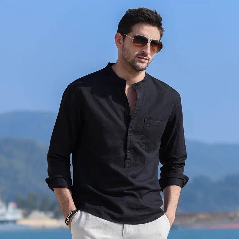 Mongolian Clothing- Stand Collar Cotton and Linen Shirt
