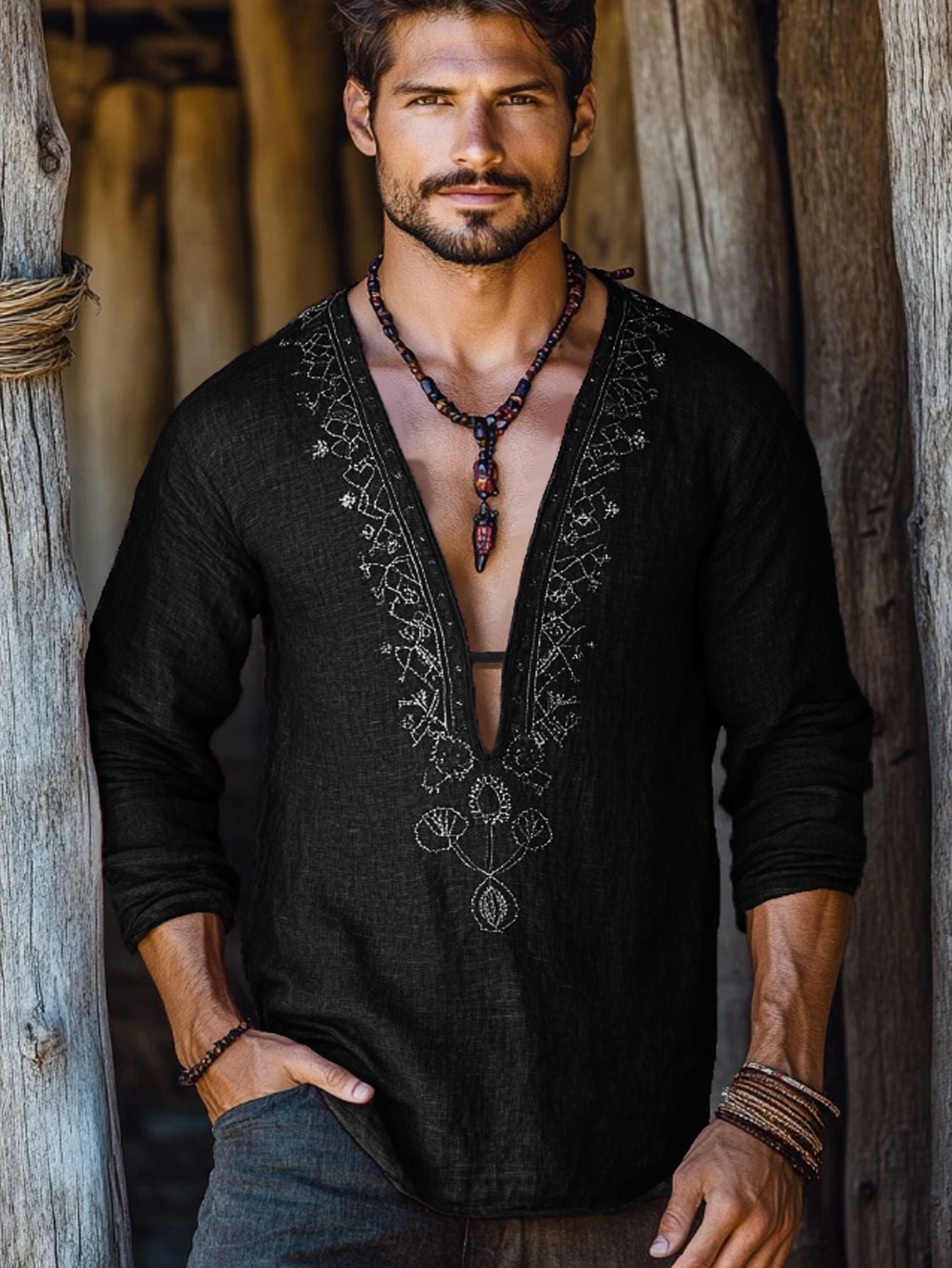 Mongolian Clothing-Men's Summer Lightweight Breathable Long Sleeve V-Neck Shirt