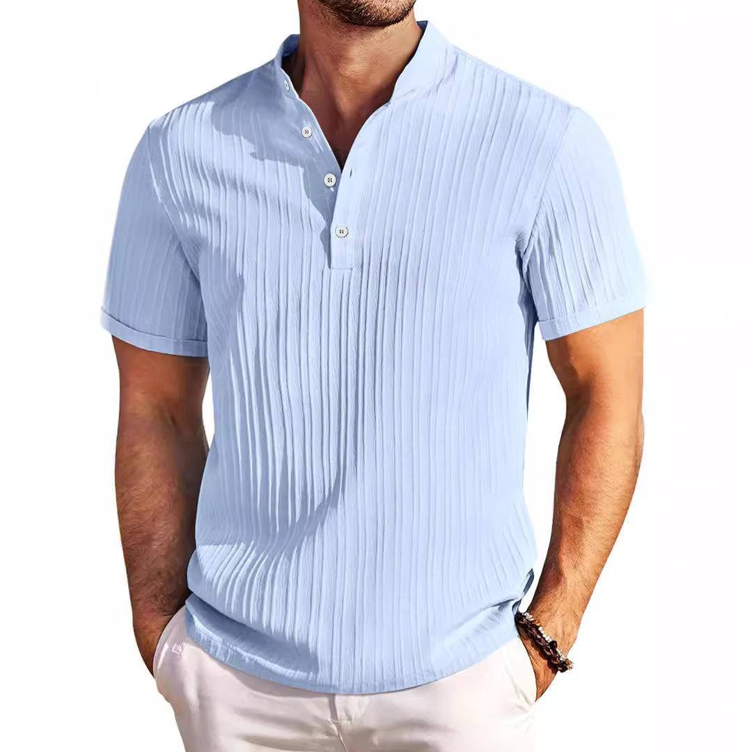 Mongolian Clothing -Cotton-Linen Striped Henley Shirt