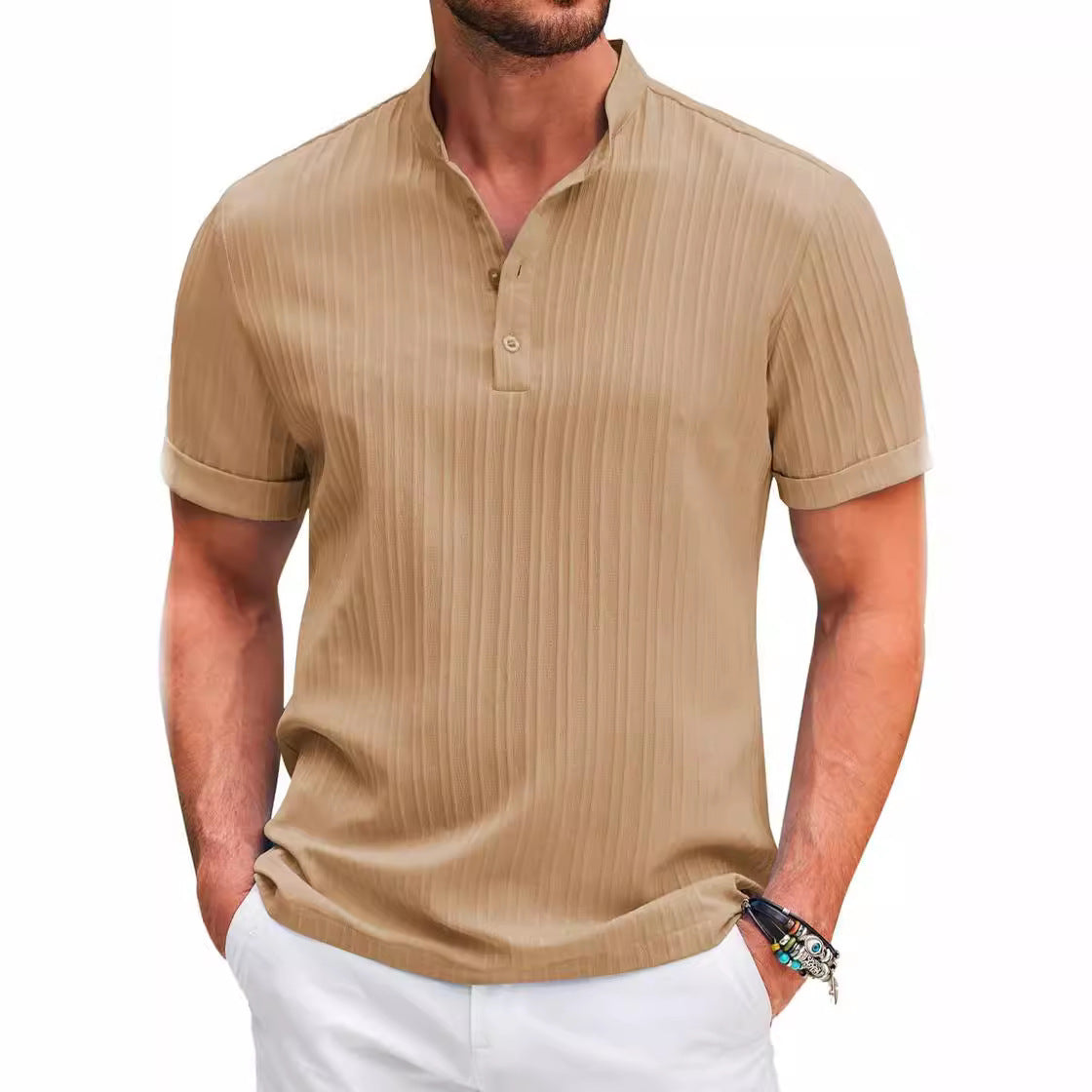 Mongolian Clothing -Cotton-Linen Striped Henley Shirt