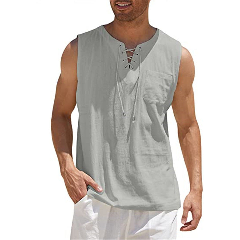 Mongolian Clothing - Sleeveless Cotton-Linen T-Shirt