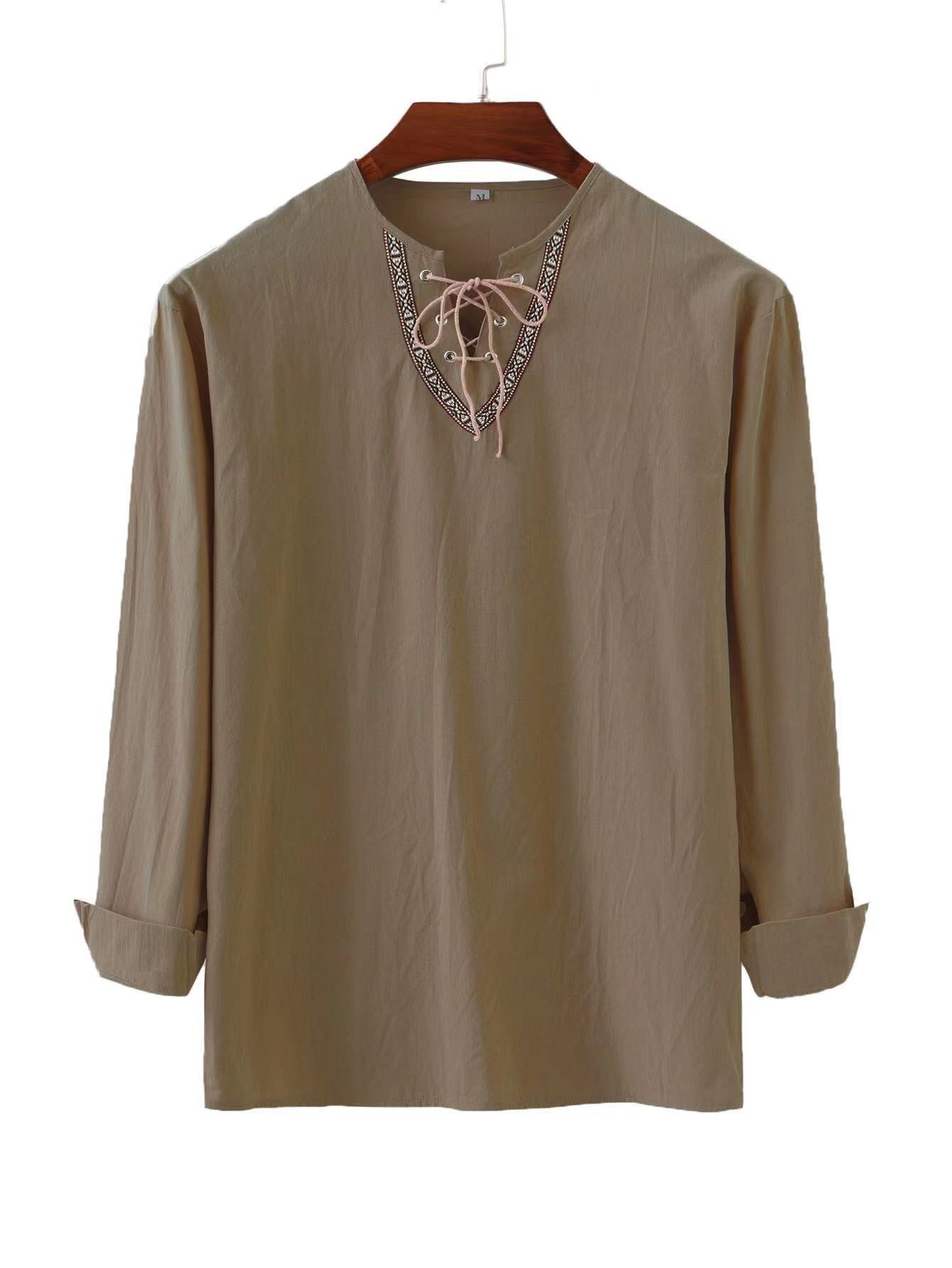 Mongolian Clothing -Cotton Linen Drawstring Shirt