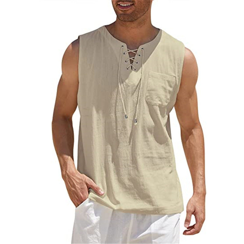 Mongolian Clothing - Sleeveless Cotton-Linen T-Shirt