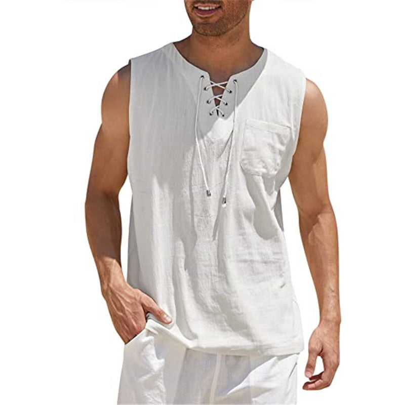 Mongolian Clothing - Sleeveless Cotton-Linen T-Shirt