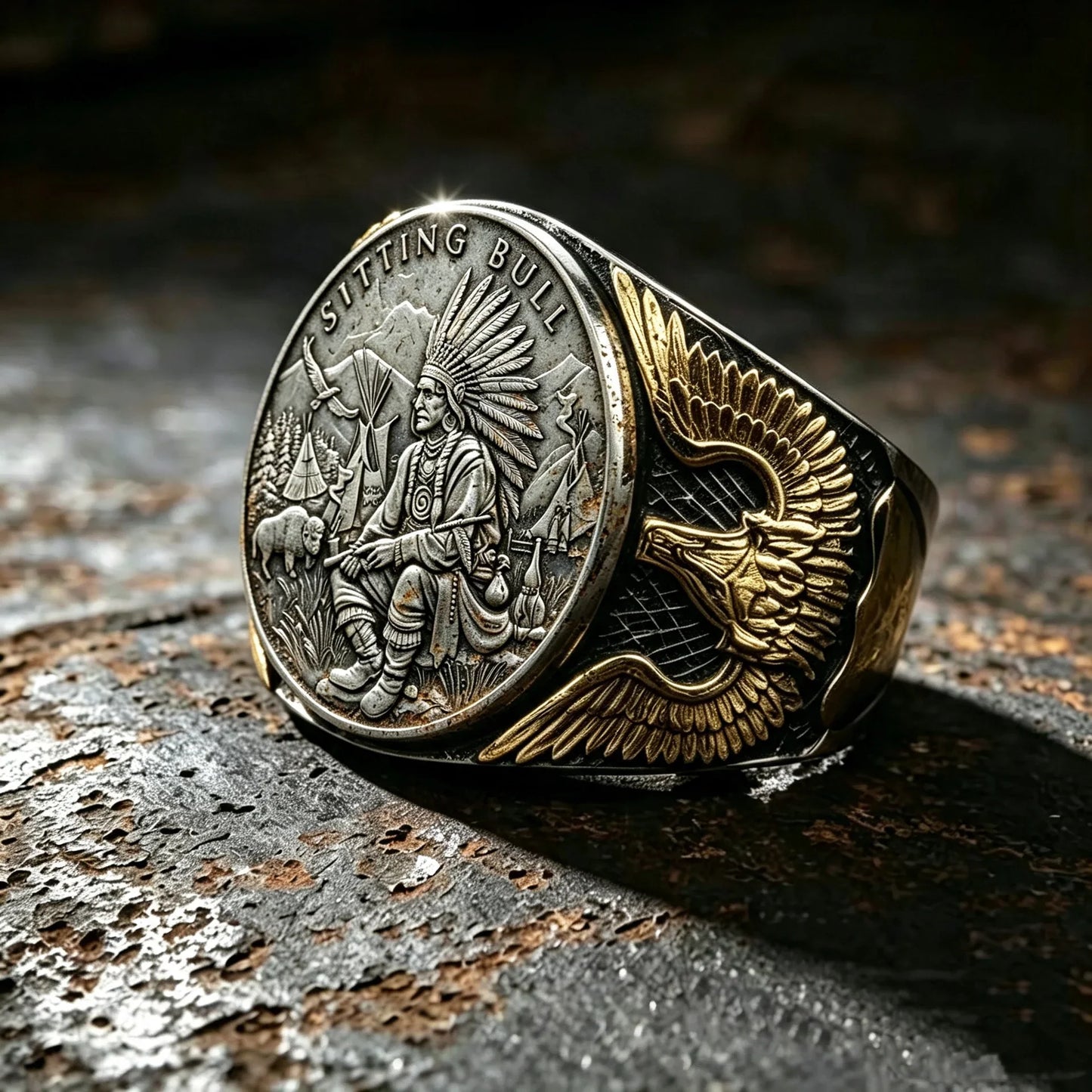 Handmade Sitting Bull Challenge Coin Ring