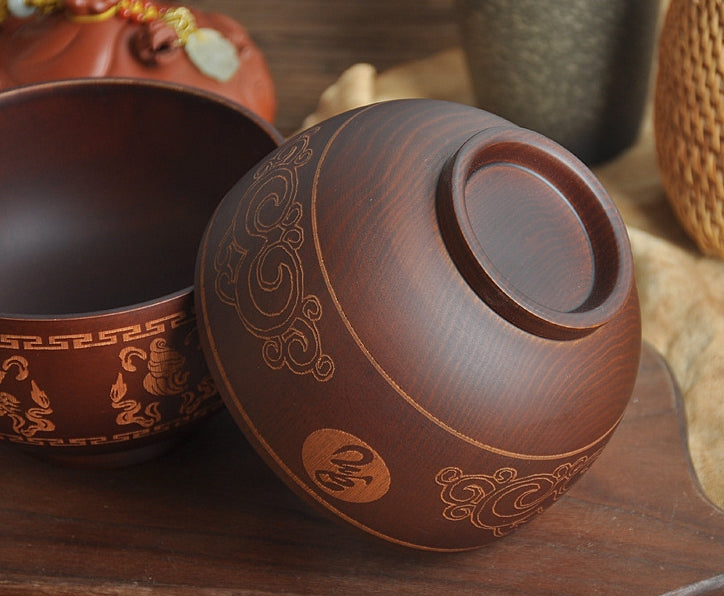 Mongolian Wooden Bowl - Eight Treasures