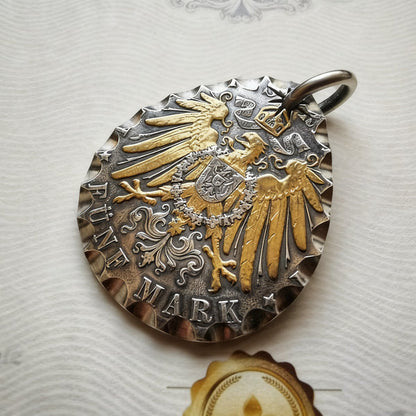 German Double Lions 5 Mark Silver Coin Teardrop Necklace (Chain included)