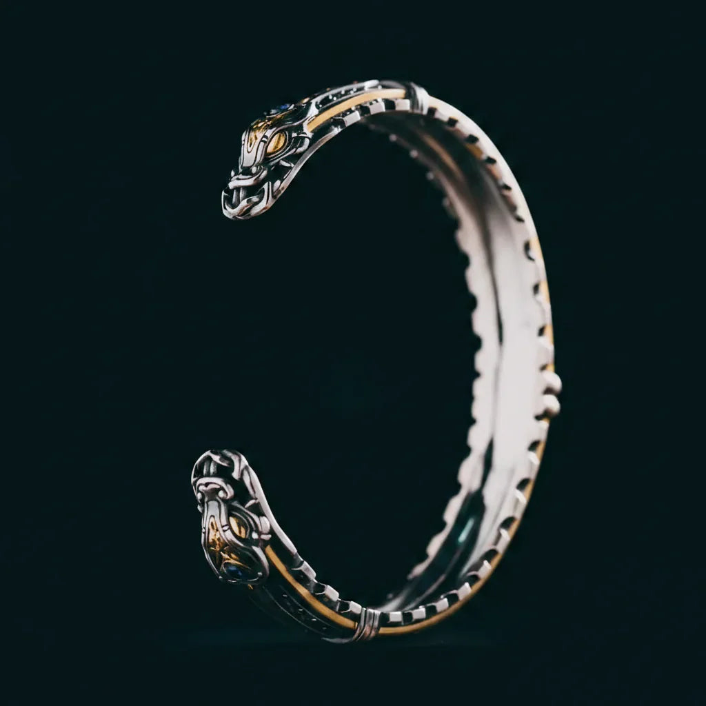 Celtic Dragon Cuff Bracelet — Handcrafted Silver & Viking Bangle with Gemstone