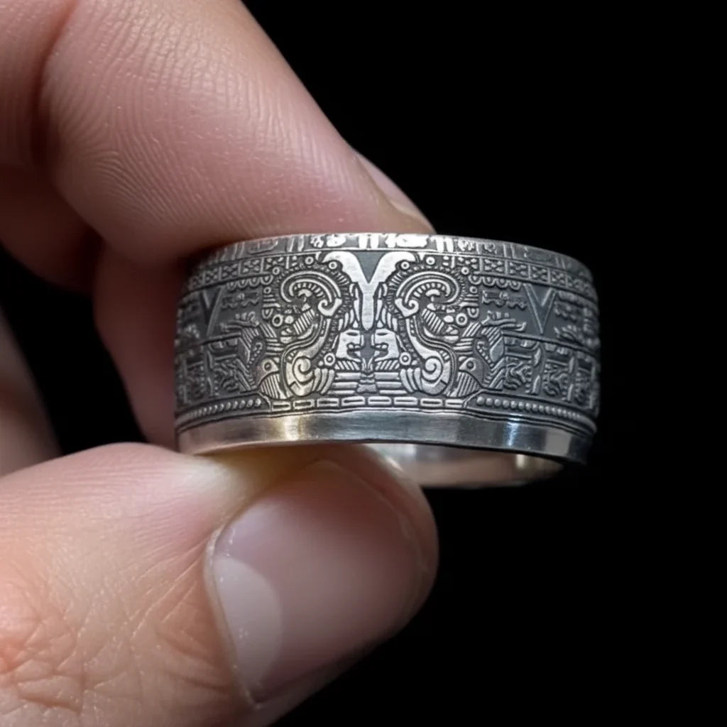 Mexican Aztec Sun Coin Ring（999 Sterling Silver）