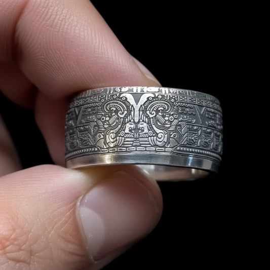 Mexican Aztec Sun Coin Ring（999 Sterling Silver）
