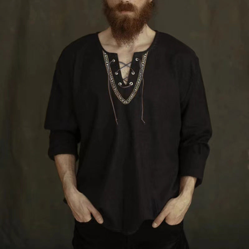 Mongolian Clothing -Cotton Linen Drawstring Shirt