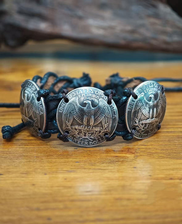 Mongolia Jewelry - Washington Silver Coin Vintage Leather Bracelet