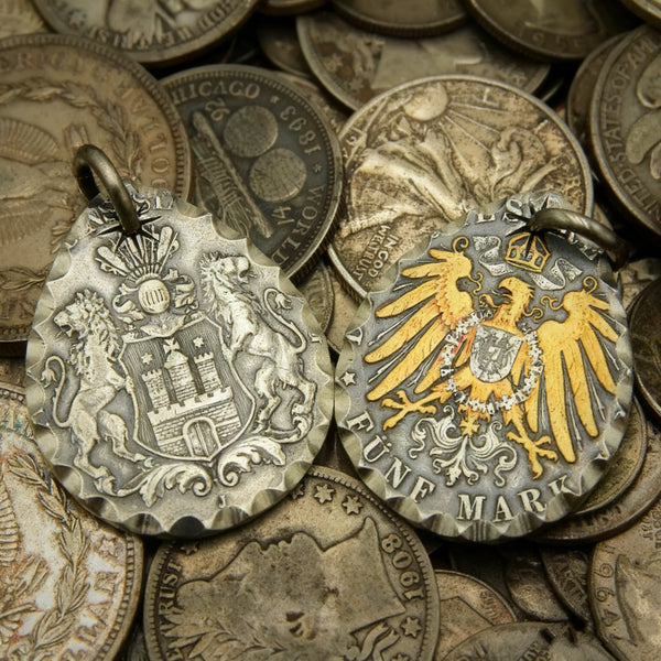 German Double Lions 5 Mark Silver Coin Teardrop Necklace (Chain included)