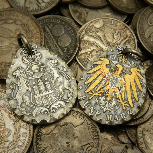 German Double Lions 5 Mark Silver Coin Teardrop Necklace (Chain included)