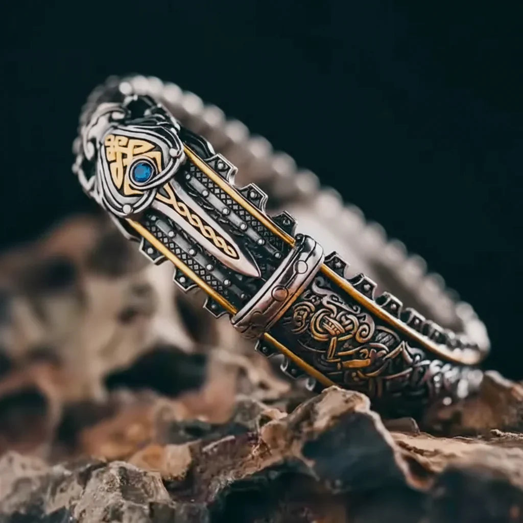 Celtic Dragon Cuff Bracelet — Handcrafted Silver & Viking Bangle with Gemstone