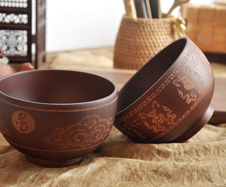 Mongolian Wooden Bowl - Eight Treasures