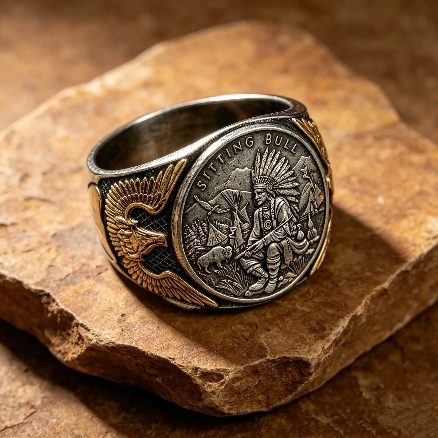 Handmade Sitting Bull Challenge Coin Ring