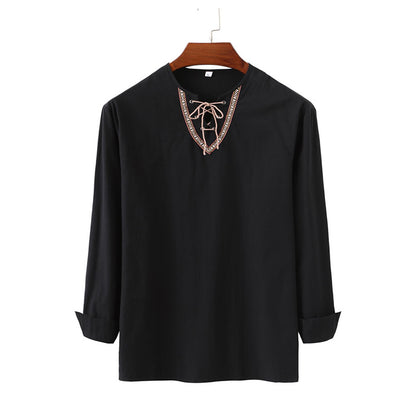 Mongolian Clothing -Cotton Linen Drawstring Shirt