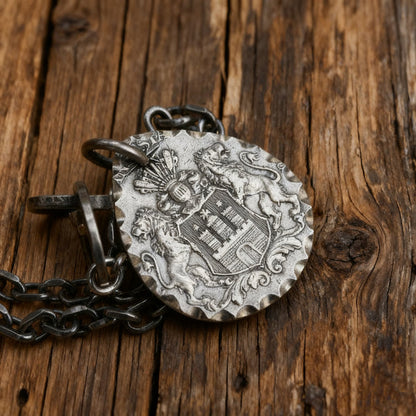 German Double Lions 5 Mark Silver Coin Teardrop Necklace (Chain included)