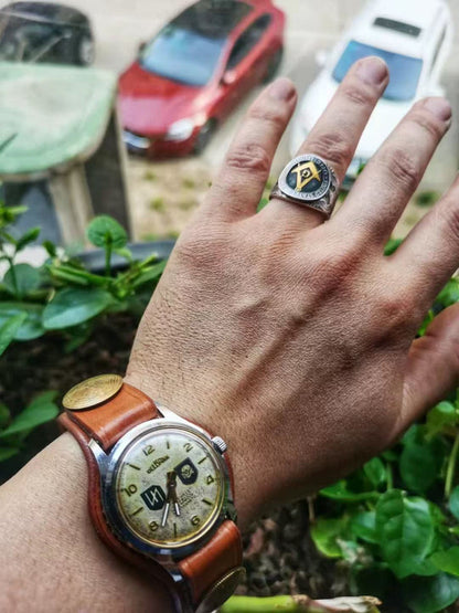 Mongolia Jewelry - Freemasonry Engraved Silver Coin Ring