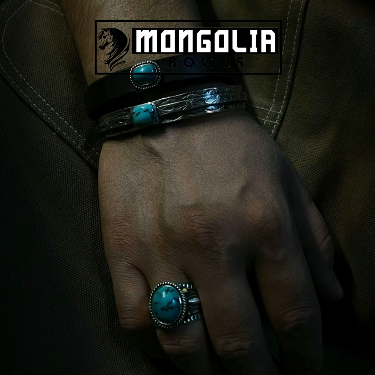 Mongolia Jewelry - Mongolia Traditional Flower Pattern Turquoise Bangle, (Zayaa Sterling Silver Handmade)