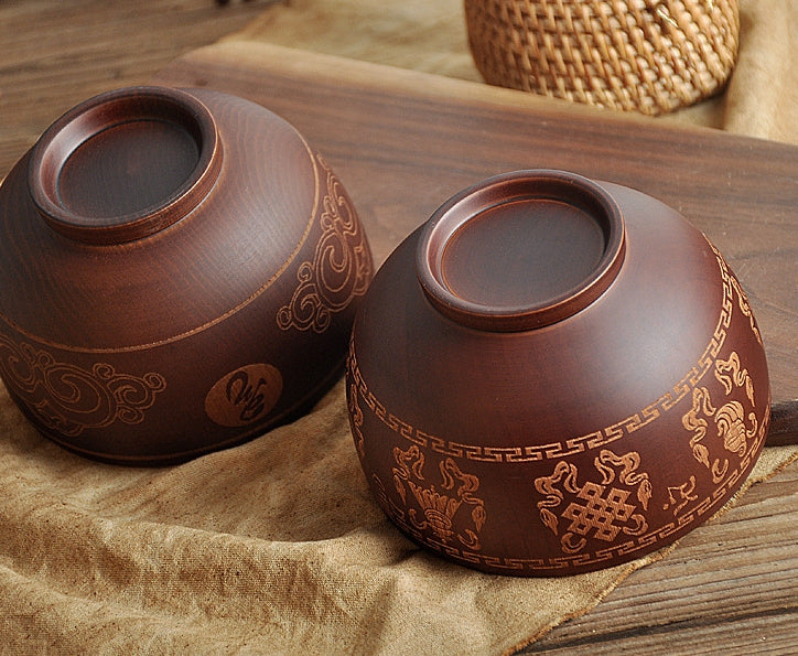 Mongolian Wooden Bowl - Eight Treasures