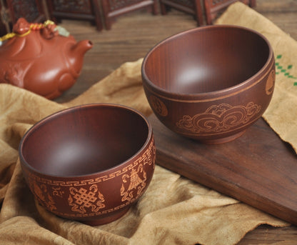 Mongolian Wooden Bowl - Eight Treasures