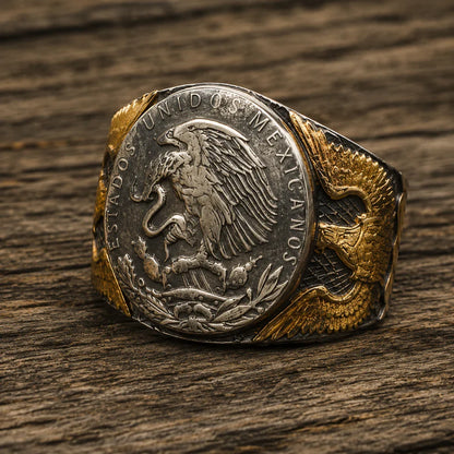 Mexican Eagle and Snake Silver Coin Ring – Adjustable Open Design | One Size Fits Most