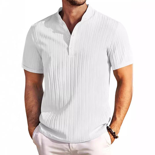 Mongolian Clothing -Cotton-Linen Striped Henley Shirt