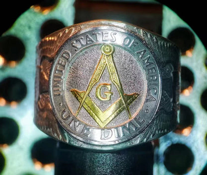 Mongolia Jewelry - Freemasonry Engraved Silver Coin Ring