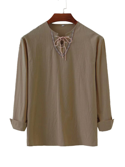 Mongolian Clothing -Cotton Linen Drawstring Shirt