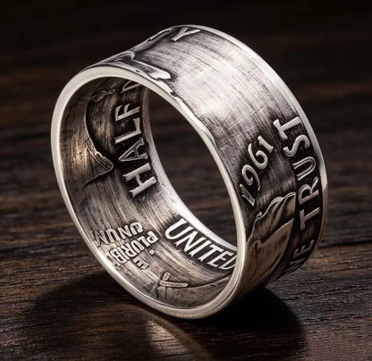 Walking Liberty & Franklin Half Dollar Silver Coin Ring Set | Vintage US Silver Hand Forged Ring